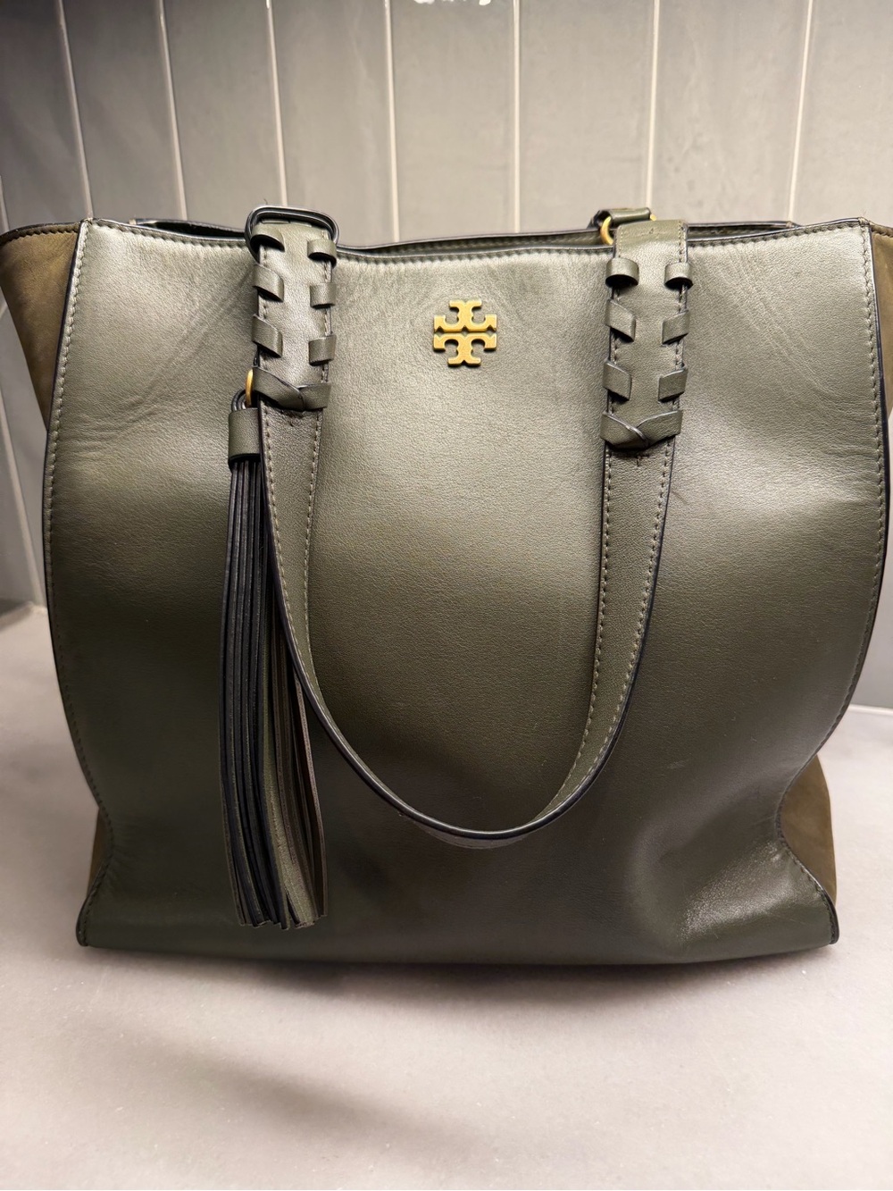Tory Burch Brooke Mixed-Materials Leather Tote Olive Green Boho